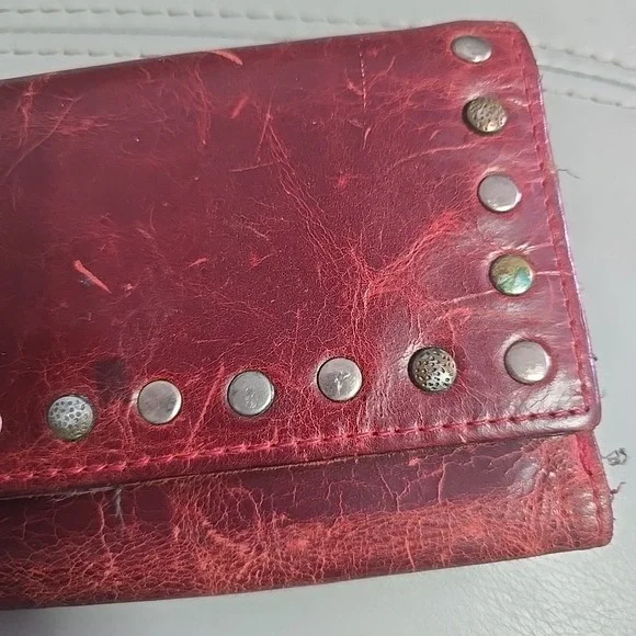Patricia Nash Varesse Distressed Leather Studded Bifold Wallet Berry Red Tooled - Picture 7 of 9